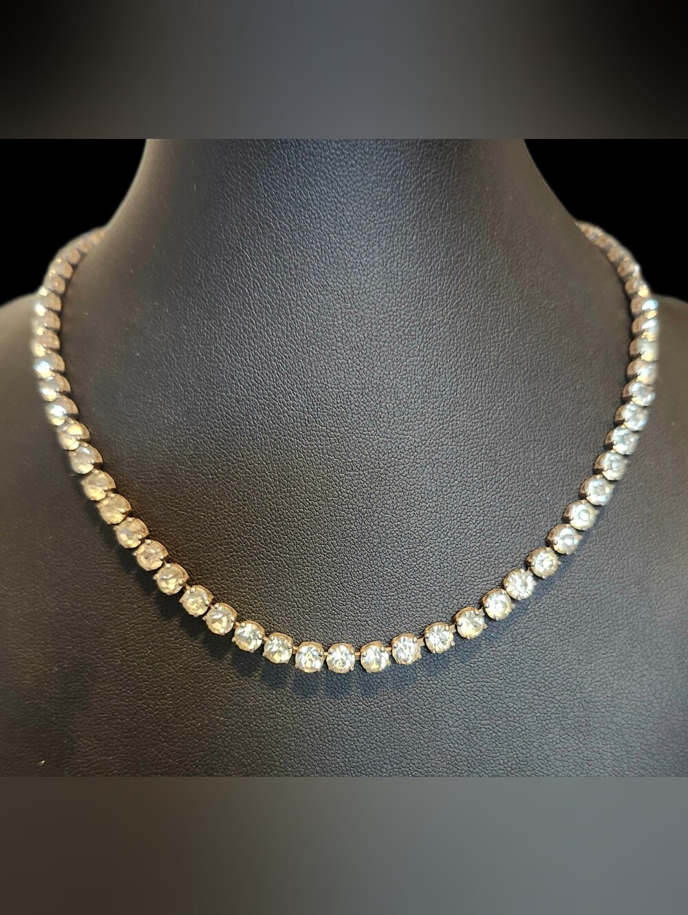 Vintage Coro Sterling Silver Rhinestone Tennis Collar Necklace w/ Uranium Glass